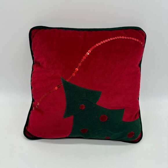 Vintage Christmas Tree Throw Pillow Red Green Velvet Sequins Holiday Decor - Picture 1 of 7